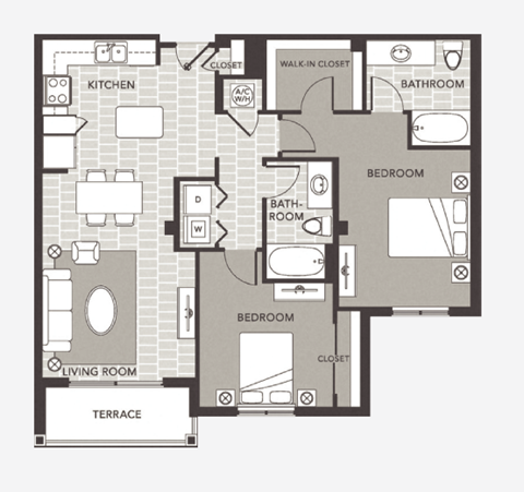 Floor plan for 2 beds, 2 baths, 1090 sqft